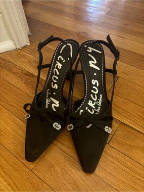 Sam Edelman Black Pointed Slingback Heels with Rhinestone Accents